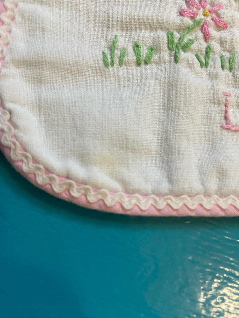 Embroidered Baby Bibs Vintage in Pink & Blue Trim with Bunny and Kitty and Puppy